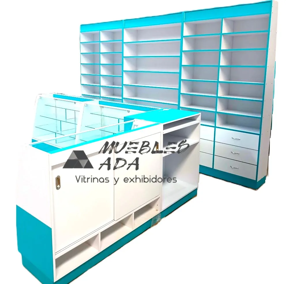 Mostrador vitrina modular en azul y blanco